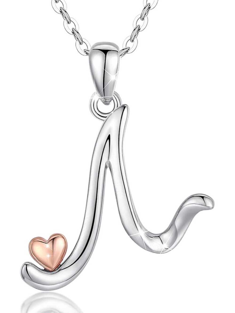 Women's Initial N Necklace Sterling Silver Letter Pendant Rose Gold Heart Chain
